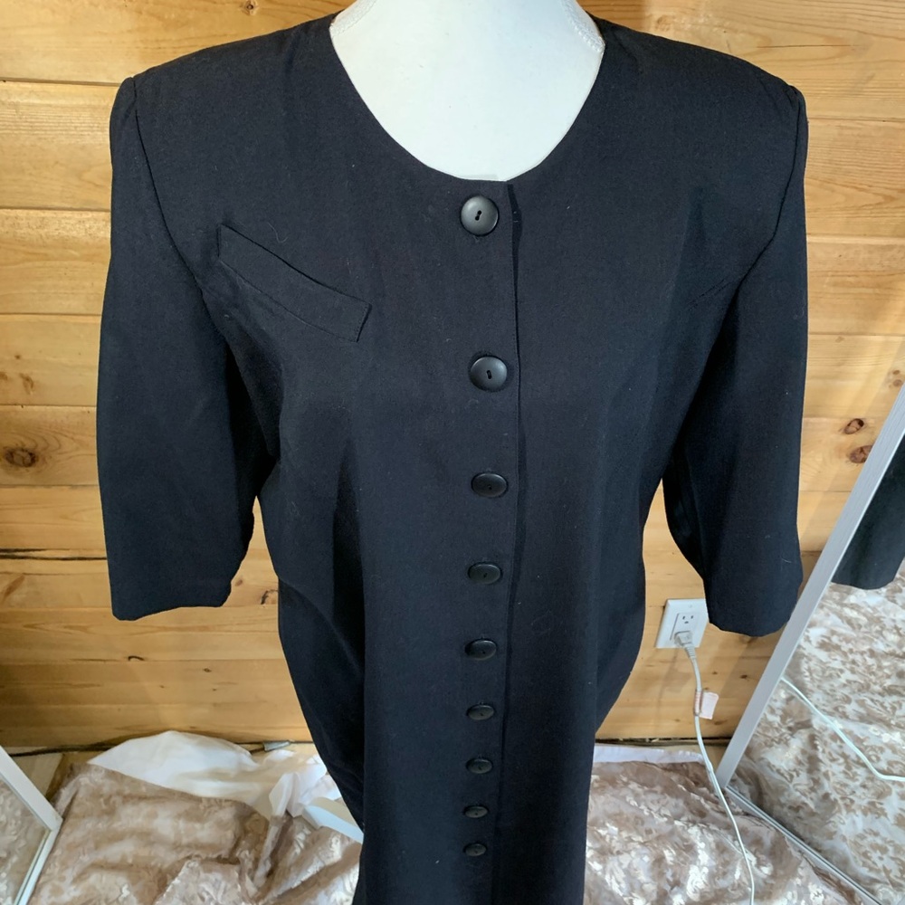 Vintage Kira Black Button Down Midi Dress‎ 3/4 Sleeve Textured Minimalist L